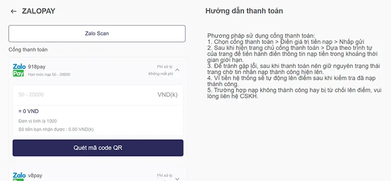 Nạp tiền NEO79 bằng Zalopay