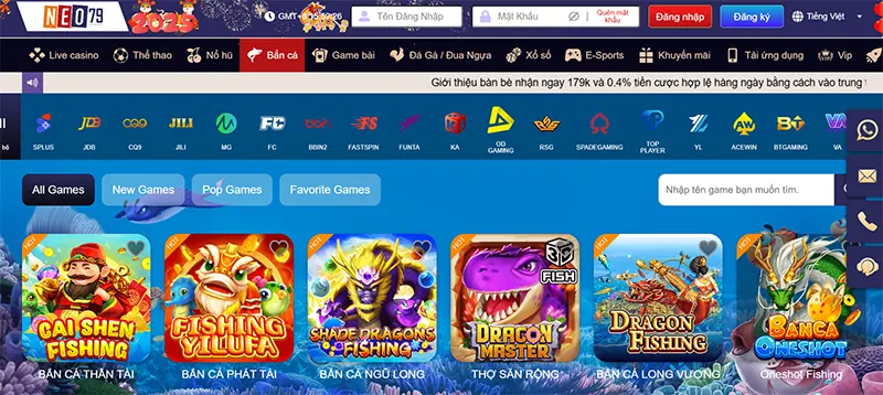 Sảnh game bắn cá NEO79 với nhiều trò chơi hấp dẫn giúp bạn có thể giải trí thoải mái